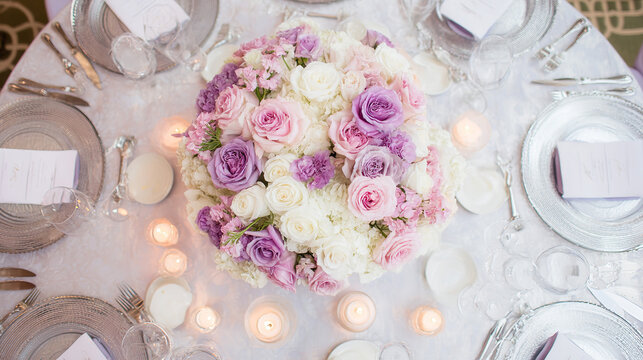 Elegant wedding table with floral centerpiece and fine china, radiating timeless romance and sophistication
