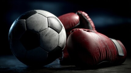 Soccer ball and boxing gloves in artistic arrangement, symbolizing the fusion of strength and precision in sports
