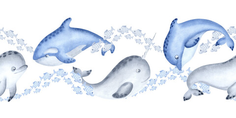 Dolphin, narwhal and killer whale with fish watercolor blue seamless border for kids design. Hand drawn isolated illustration of marine animal characters. Underwater ocean inhabitants in sketch style
