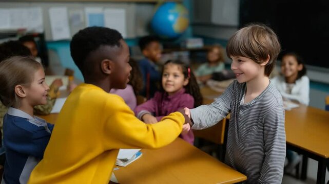 Children of diverse backgrounds smiling and shaking hands in classroom, illustrating inclusion, friendship, teamwork, cultural diversity, social skills and positive learning environment