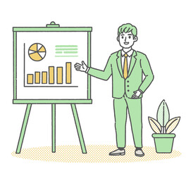 ホワイトボードの資料を見せてプレゼンテーションしているビジネスマン