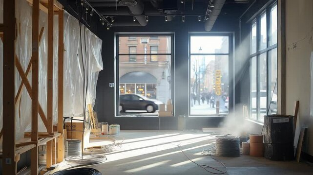 Construction interior with natural light illuminating empty space during renovation in urban area