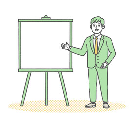 ホワイトボードの前に立ってプレゼンテーションしているスーツ姿のビジネスマン