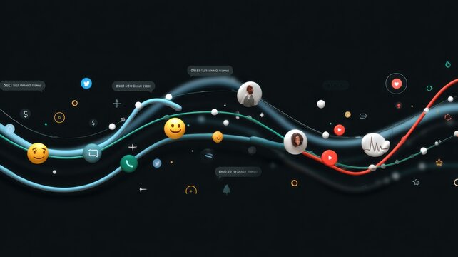 Colorful digital waves with icons, emojis, and social media symbols on a dark background, representing online communication and technology flow. - Powered by Adobe