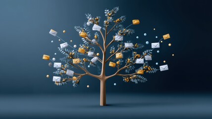 A stylized tree with envelopes as leaves, symbolizing communication, networking, and the growth of messages.
