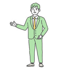 身ぶりを交えて案内しているスーツ姿のビジネスパーソン
