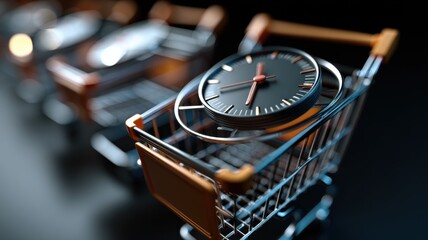 Fototapeta premium A shopping cart contains a clock, symbolizing the concept of buying or saving time, with other carts blurred in the background.