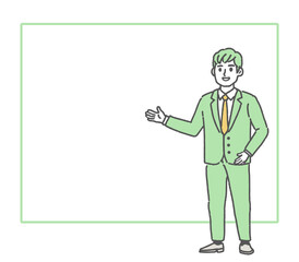 ホワイトボードの前に立って説明しているスーツ姿のビジネスマン
