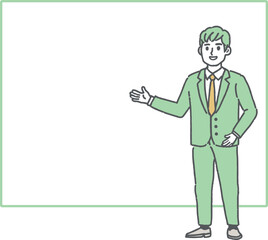 ホワイトボードの前に立って説明しているスーツ姿のビジネスマン
