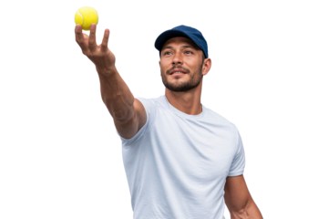 Tennis player tosses the ball into the air to serve, isolated on transparent background
