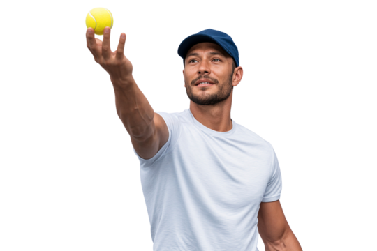 Tennis player tosses the ball into the air to serve, isolated on transparent background