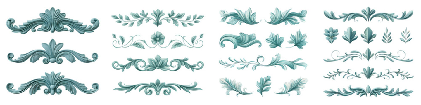 Elegant, intricate ornamental scrolls and leaf motifs in a rich, soothing teal color scheme for classic and luxurious designs, perfect for home decor and textile applications.