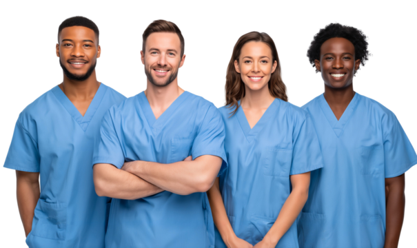 Smiling doctors with medical team wearing scrubs, isolated on transparent background - Powered by Adobe