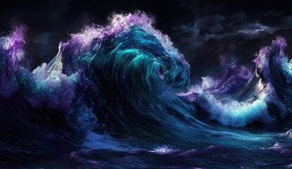 Enigmatic, vibrant waves crash against a dark, stormy sky.  Abstract, ethereal ocean scene