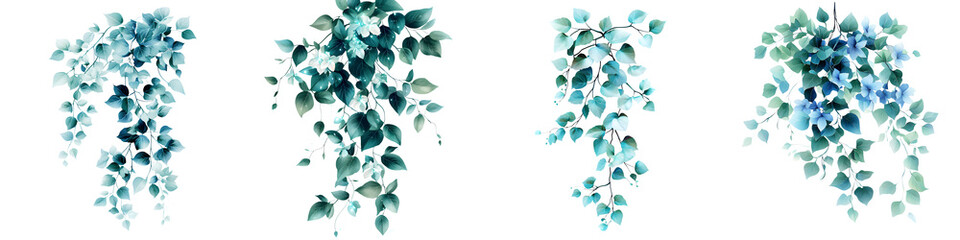 Obraz premium Lush, cascading green leaves with delicate blue accents, embodying nature's beauty in a serene, artistic style, ideal for botanical illustrations and nature-themed designs.