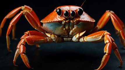 Close-up of a vibrant orange crab with multiple eyes against a dark background