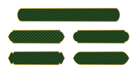 Collection Luxury golden arabic islamic text box title frame border set with ornamental template. Infographic design element. Islamic window, arche. Set golden green web button. Luxury islamic label