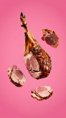 Sliced roasted meat arranged as animal profile with crispy glazed skin