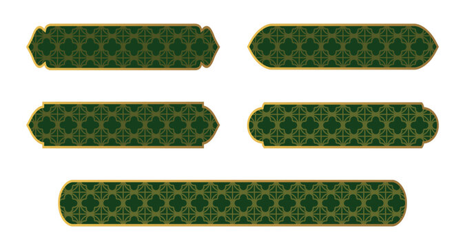 Collection luxury golden arabic islamic text boxs title frame border set with ornamental illustration. Islamic window, arche. Golden green web button. Luxury islamic label. Infographic design element.