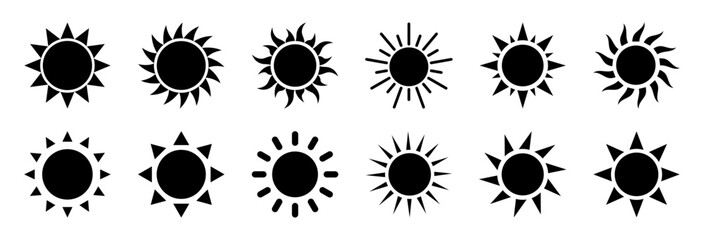 Set of 12 unique sun icons with various styles and ray patterns. Perfect for weather apps, summer themes, travel graphics, UI elements, and climate or sunlight vector icons. Sun, icons, vector.