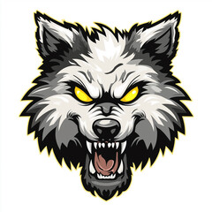 Fototapeta premium Wolf's fierce face: A striking illustration capturing the intense gaze and snarling expression of a wolf, its sharp teeth and piercing yellow eyes conveying raw power and untamed nature. 