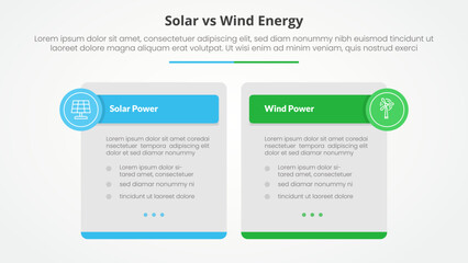 solar panel vs wind energy power comparison opposite infographic concept for slide presentation with big box table and circle badge header with flat style