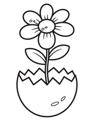 Smiling Flower in Eggshell Pot - Cute and Fun Cartoon Coloring Page for Kids
