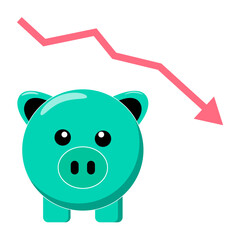 Illustration of a green piggy bank with a red arrow pointing down on a white background, symbolizing financial crisis, loss of savings, or economic downturn.