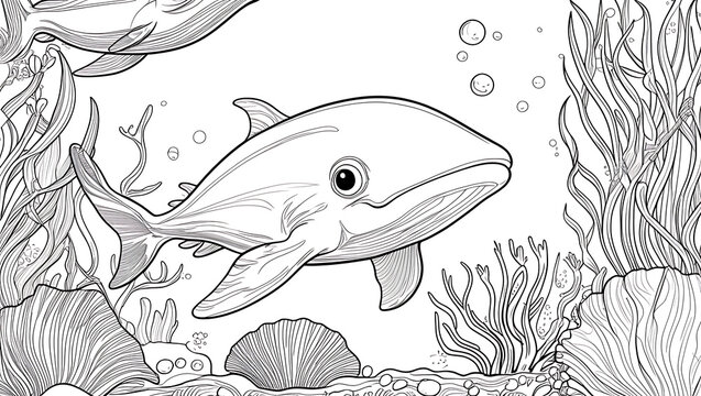 Detailed black and white illustration of a whale swimming underwater with seaweed.