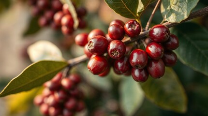 Coffee tree with ripe coffee beans growing on branches in sunlight  