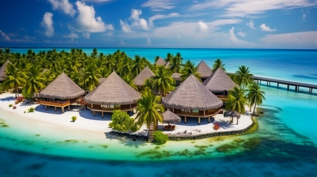 Tropical paradise with wooden boardwalk leading to overwater bungalows in clear turquoise lagoon under a bright blue sky