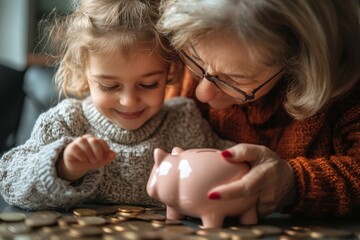 child money saving grandfmother family coin senior finance bank piggybank happy investment granddaughter girl financial elderly cash