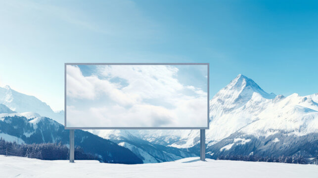Billboards standing against a backdrop of snow-capped mountains and a bright blue sky with fluffy clouds during the day in a winter landscape