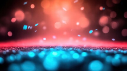 Sparkling blue and pink confetti floats above a bright dance floor at night, creating an energetic atmosphere filled with joy