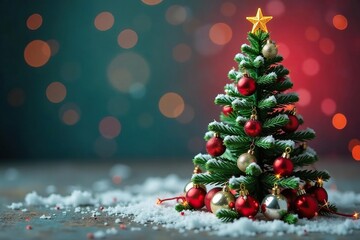 Miniature Christmas tree adorned with colorful baubles, festive and whimsical , merry, red