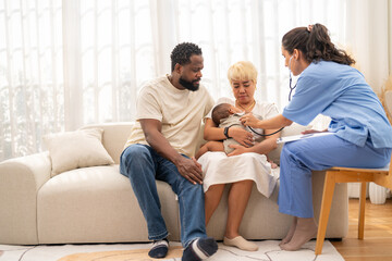 African baby health checkup with stethoscope, pediatrician examining heartbeat and illness, mother and father listening to results childhood flu, child disease, covid , hospital, health insurance