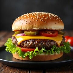 Bacon burger with beef patty on red wooden table 