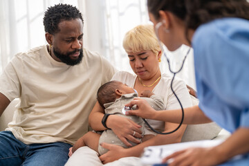 African baby health checkup with stethoscope, pediatrician examining heartbeat and illness, mother and father listening to results childhood flu, child disease, covid , hospital, health insurance