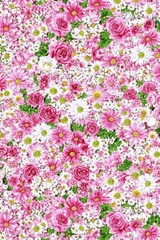 Naklejka premium Abundant Pink and White Floral Display Overhead Shot Featuring Roses Daisies and Small White Flowers