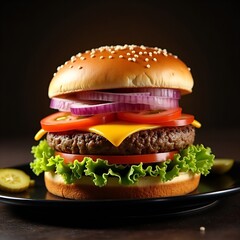 Bacon burger with beef patty on red wooden table 