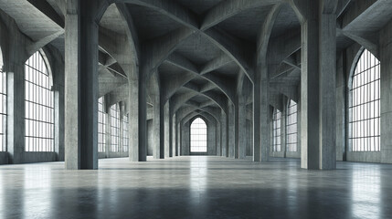 Fototapeta premium Minimalist concrete hall with towering columns and arched windows, embodying serene symmetry and modern elegance.
