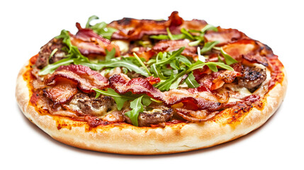 A pizza with bacon and greens on top