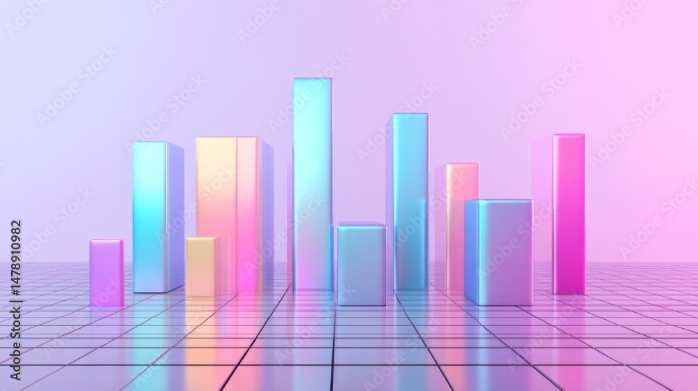 Poster d bar graph with gradient color bars emerging from a base grid, with subtle shadows and reflections 