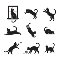 This set of nine black silhouettes depicts cats in various playful actions. on white background