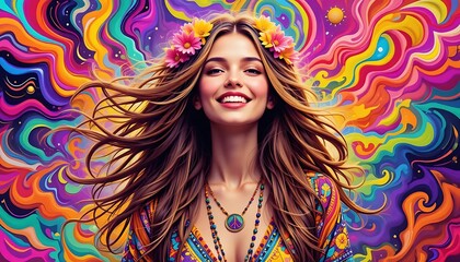 Vibrant Hippie Girl Amidst a Kaleidoscope of Colors