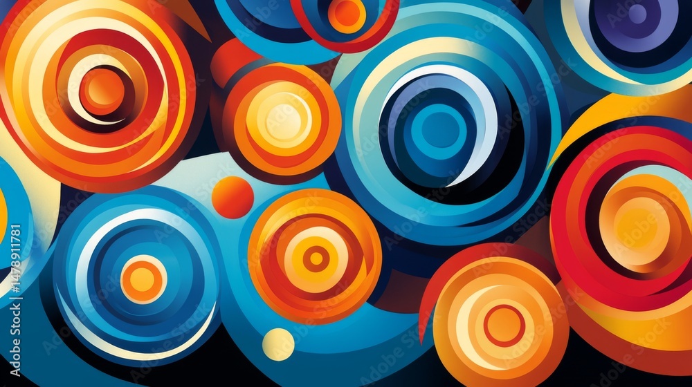 Fototapete abstract graphic with circular forms and swirling lines in bold colors, conveying a sense of energy 