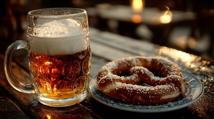 German Pretzel with Beer: A large, salty pretzel with a glossy brown crust, served next to a frothy glass of beer on a wooden table.