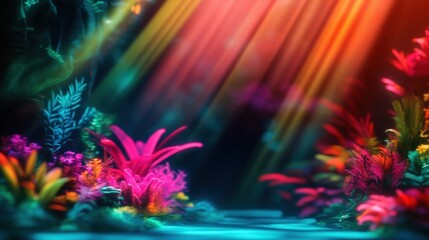 Fototapeta premium Bright coral formations with diverse colors are illuminated by sun rays filtering through water in a serene underwater environment
