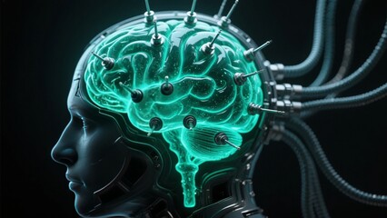 Obraz premium Cybernetic Brain with Electrodes and Cables