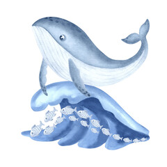 Blue whale and fish on sea wave cute character watercolor illustration for baby design. Undersea wild animal isolated. Hand drawn underwater inhabitant of ocean. Marine mammal in kids sketch style.